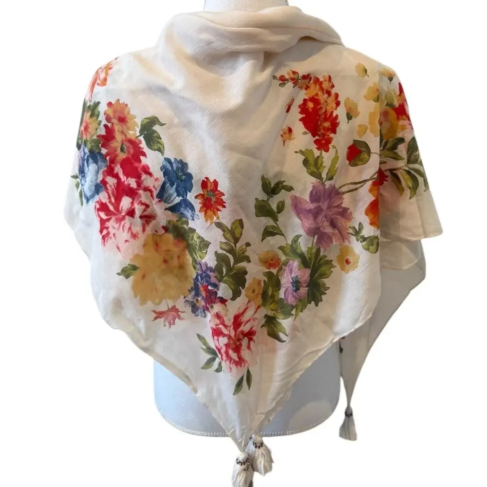 J Jill Large Lightweight Travel Scarf Cream Floral Print Tassel Detail